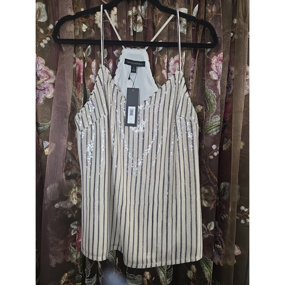 BANANA REPUBLIC Navy Cream Striped Sequin V-Neck Top Racerback Cami Small NWT